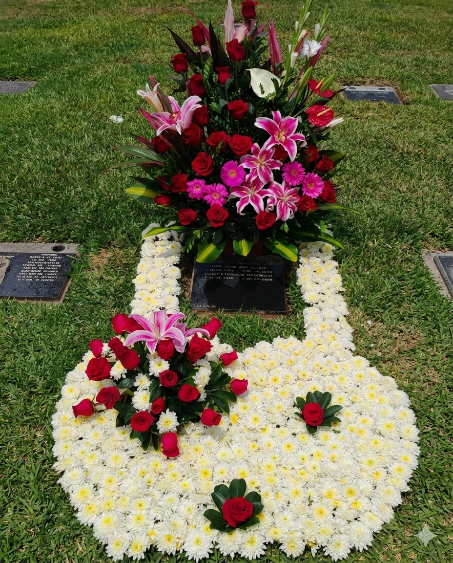 Elegante diseño floral para homenaje fúnebre compuesto por una base de crisantemos blancos en forma de herradura, decorado con rosas rojas y lirios rosados de gran vistosidad.