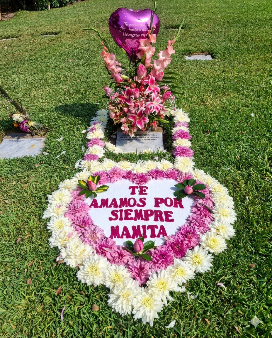 Tierno diseño floral en forma de corazón y herradura con crisantemos blancos y rosados, coronado por un ramo de lirios, gladiolos y un globo metalizado de afecto.