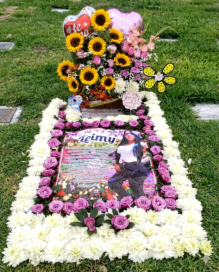 Exclusivo tapete floral rectangular con marco de crisantemos blancos y rosas lilas que rodea una imagen personalizada, coronado por un ramo vibrante de girasoles y globos.