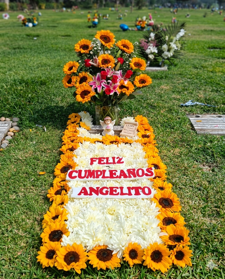 Luminoso tapete floral rectangular con borde de girasoles y centro de crisantemos blancos, decorado con un mensaje de cumpleaños personalizado y un ramo superior vibrante.