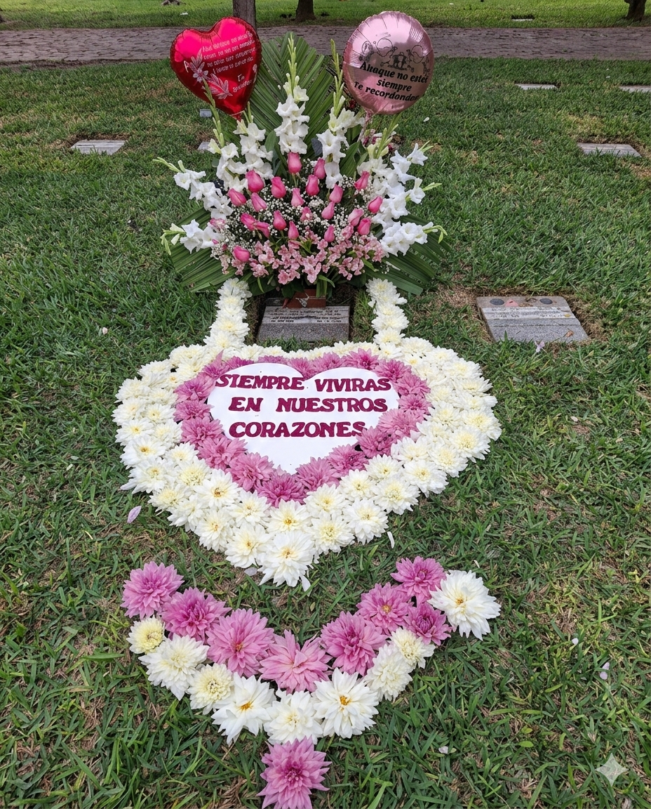 Solemne tapete floral en forma de corazón y herradura con crisantemos blancos y malvas, coronado por un elegante ramo de rosas rosadas, gladiolos blancos y globos de afecto.