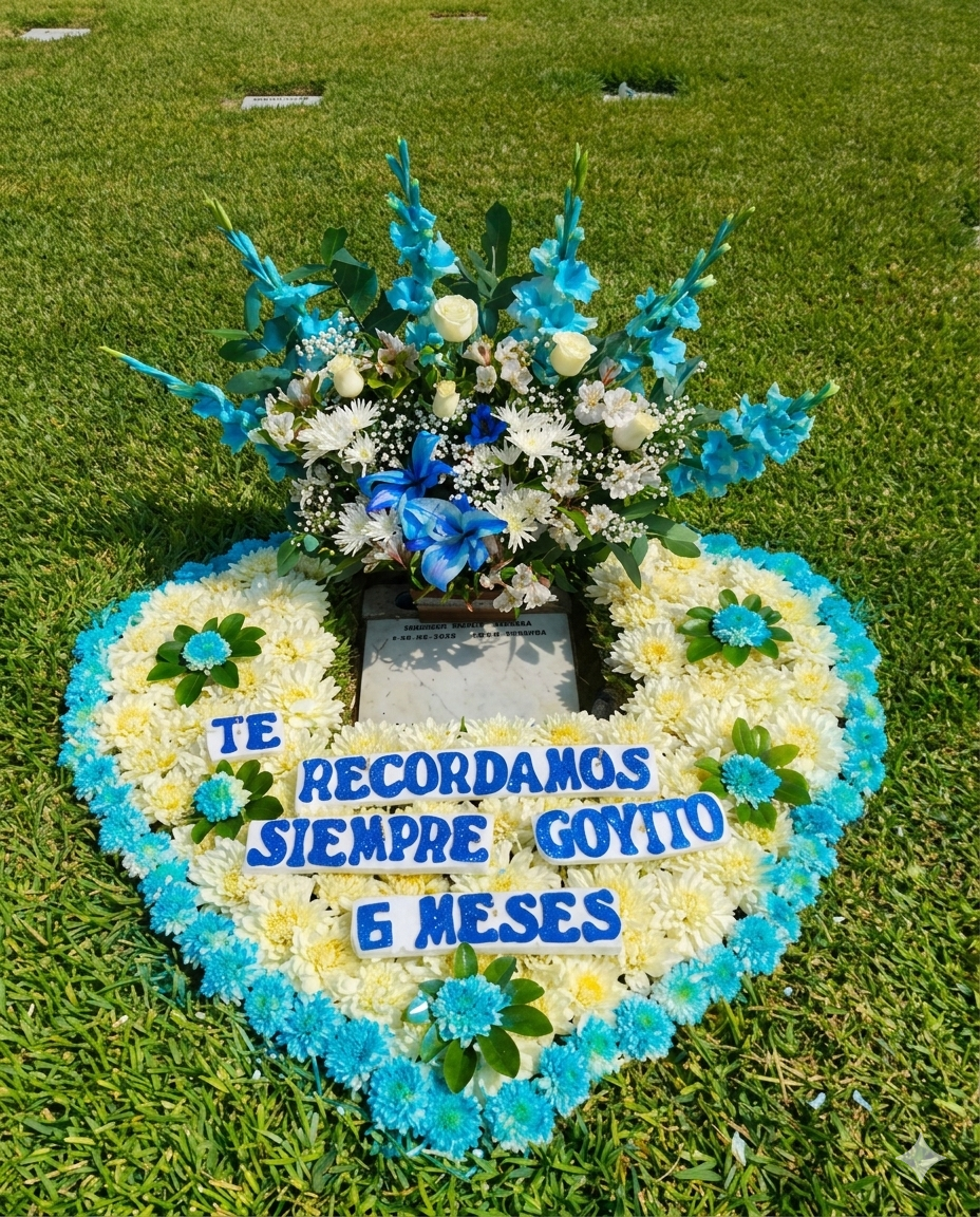 Elegante tapete floral en forma de corazón con crisantemos blancos y bordes celestes, coronado por un ramo artístico de gladiolos azules y lirios a juego.