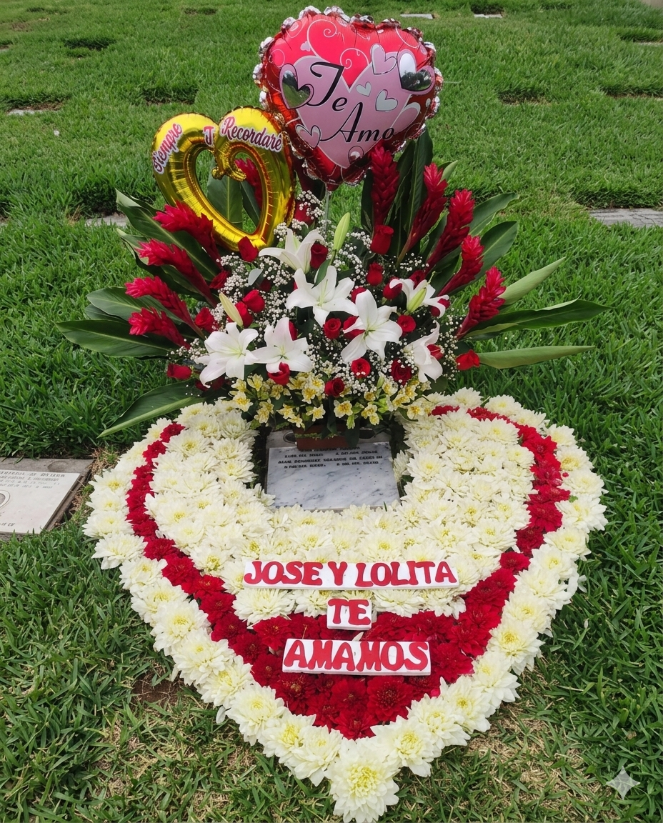 Exclusivo corazón floral de gran formato en crisantemos blancos y rojos con mensajes personalizados, coronado por un ramo de lirios, heliconias y globos metalizados de amor.