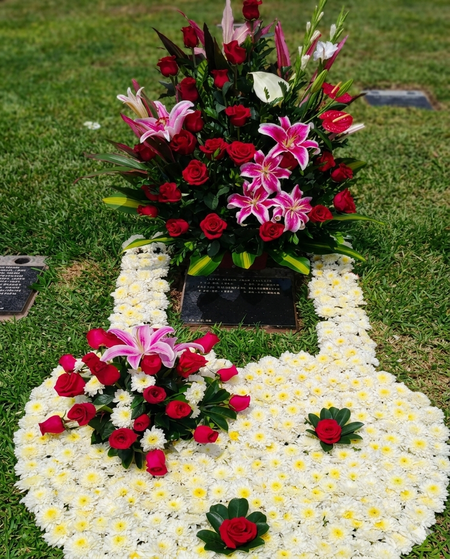 Imponente tapete floral en forma de herradura de crisantemos blancos, embellecido con un exuberante ramo superior de rosas rojas, lirios fucsias y detalles florales sobre la base.