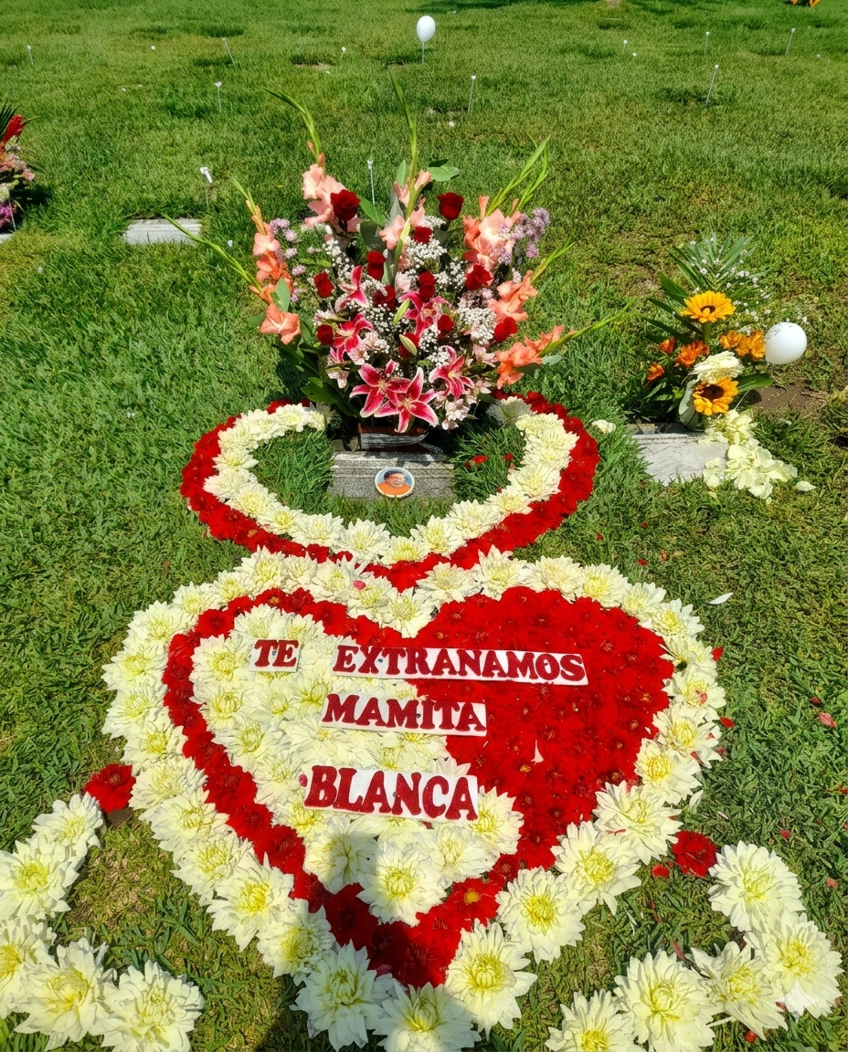 Homenaje floral premium en forma de corazón doble, elaborado con crisantemos blancos y claveles rojos, que incluye un mensaje personalizado y un arreglo superior de lirios y gladiolos.