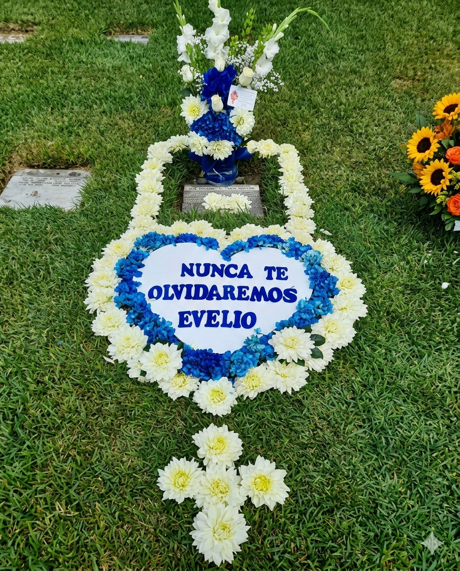 Exclusivo diseño en forma de corazón con crisantemos blancos y borde de rosas rojas, coronado por un ramo de lirios blancos, heliconias y globos metalizados con mensajes de afecto.