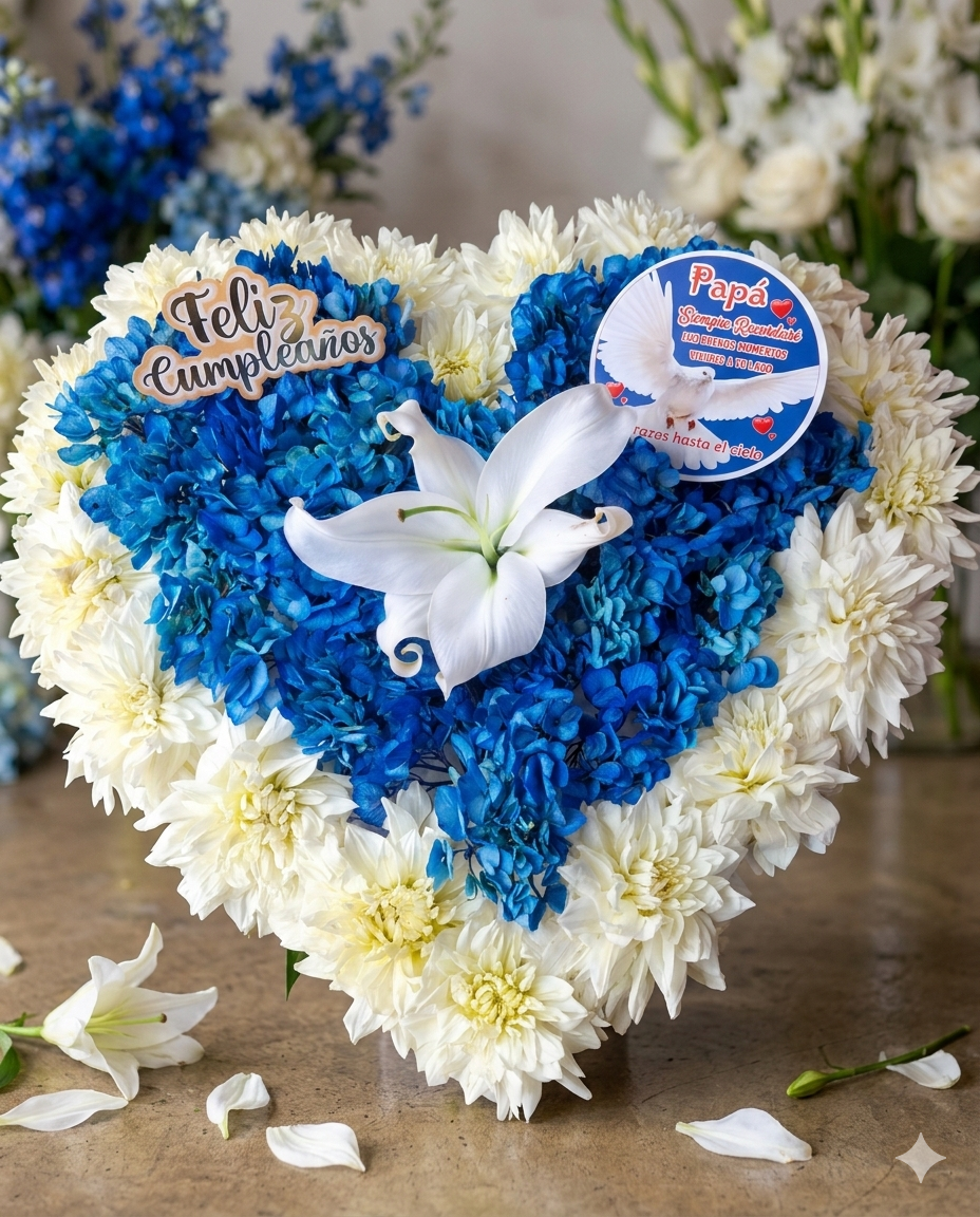 Exclusivo arreglo en forma de corazón con base de crisantemos blancos y centro de hortensias azules, decorado con un lirio central y detalles de felicitación personalizados.