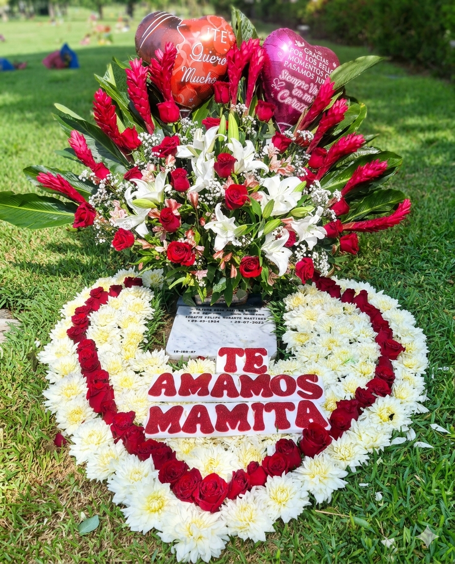 Corazón floral de crisantemos blancos y rosas rojas con mensaje personalizado, coronado por un ramo de heliconias, lirios y globos metalizados de afecto.