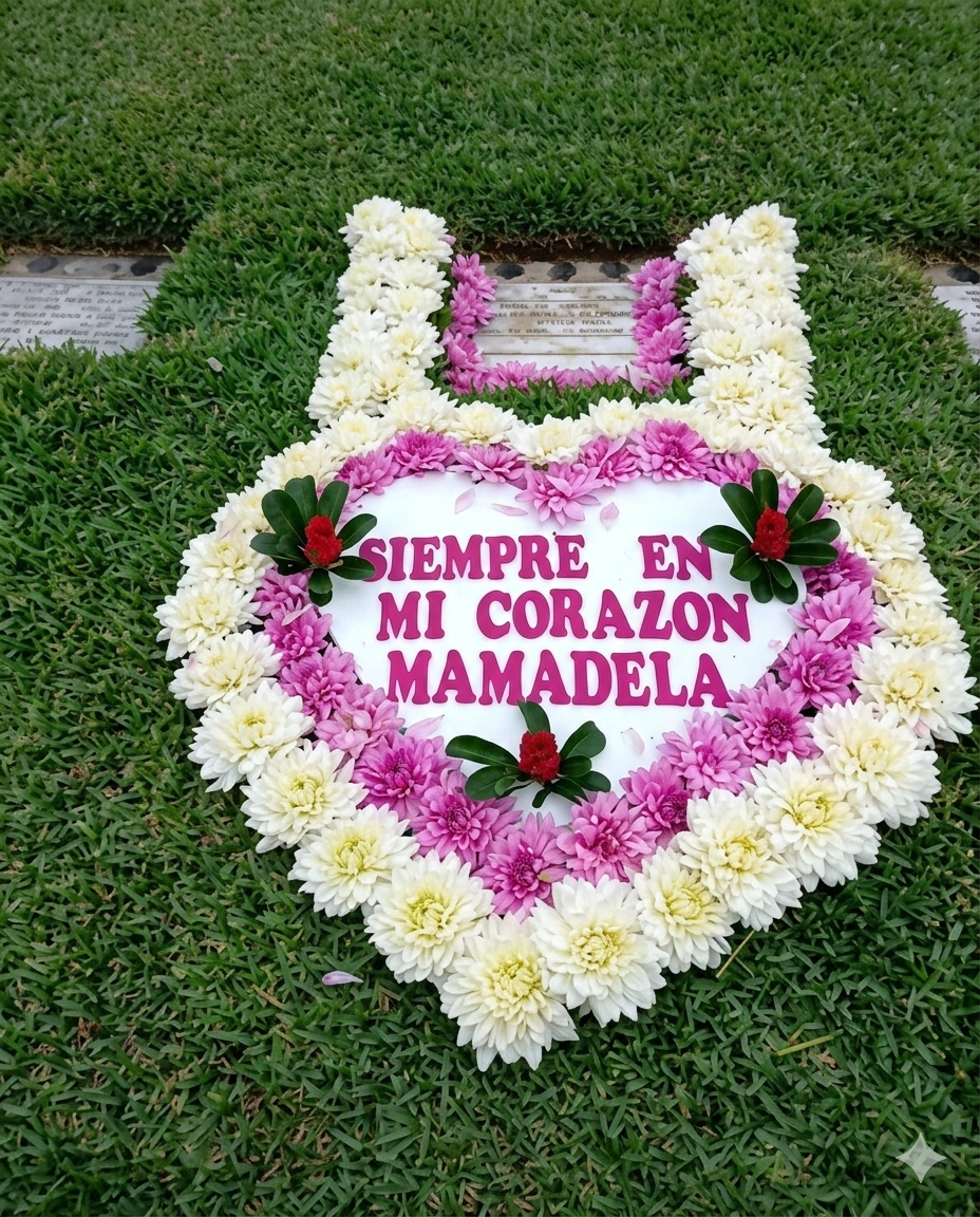 Tierno diseño floral en forma de corazón y herradura, elaborado con crisantemos blancos y rosados que enmarcan un mensaje personalizado de amor eterno.