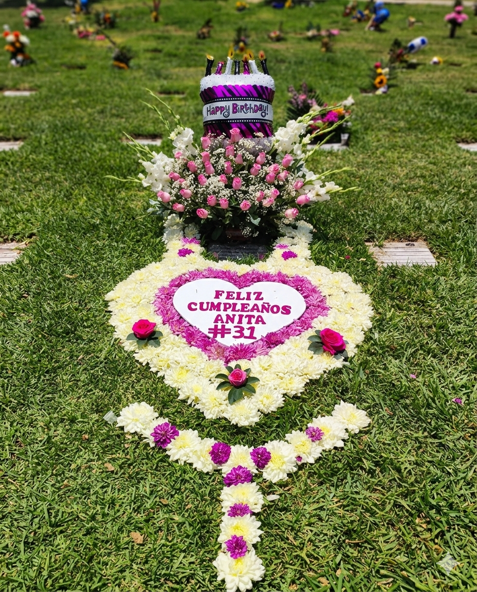 Exclusivo tapete floral en forma de corazón y cruz elaborado con crisantemos blancos y fucsias, complementado con un arreglo de rosas rosadas y un globo temático de pastel.