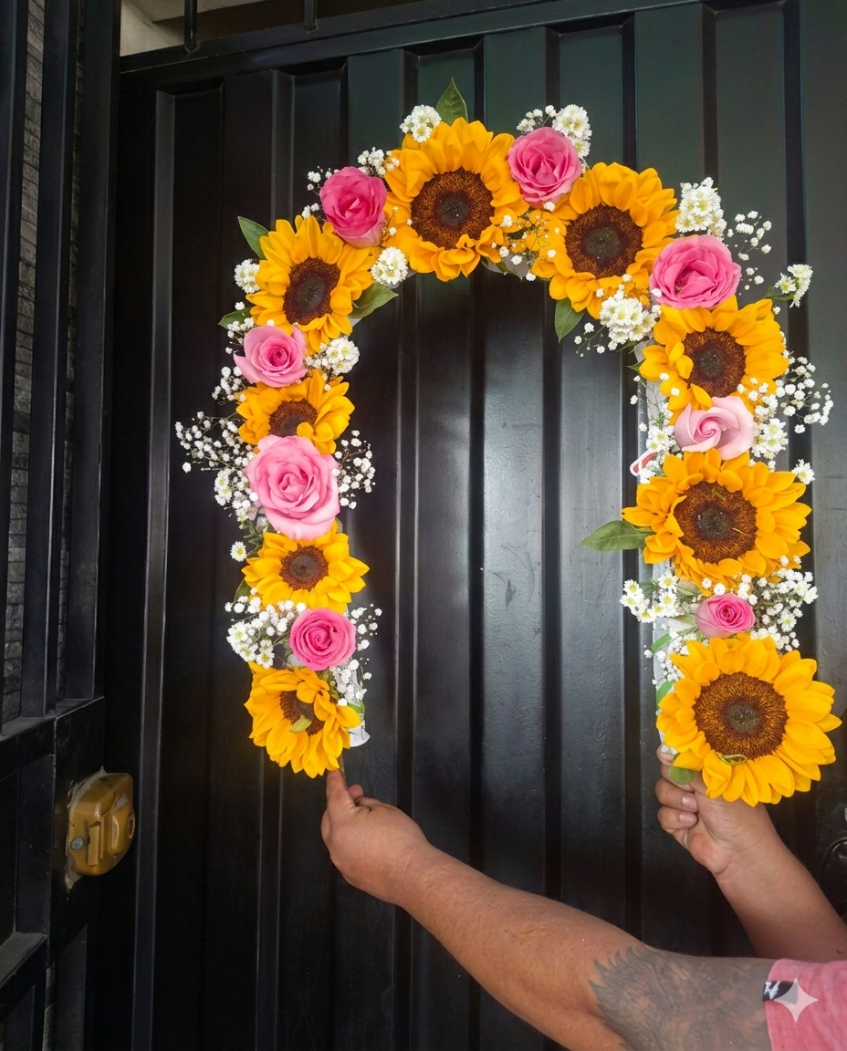 Arreglo floral premium en forma de herradura, diseñado con girasoles radiantes, rosas rosadas y detalles de baby's breath.