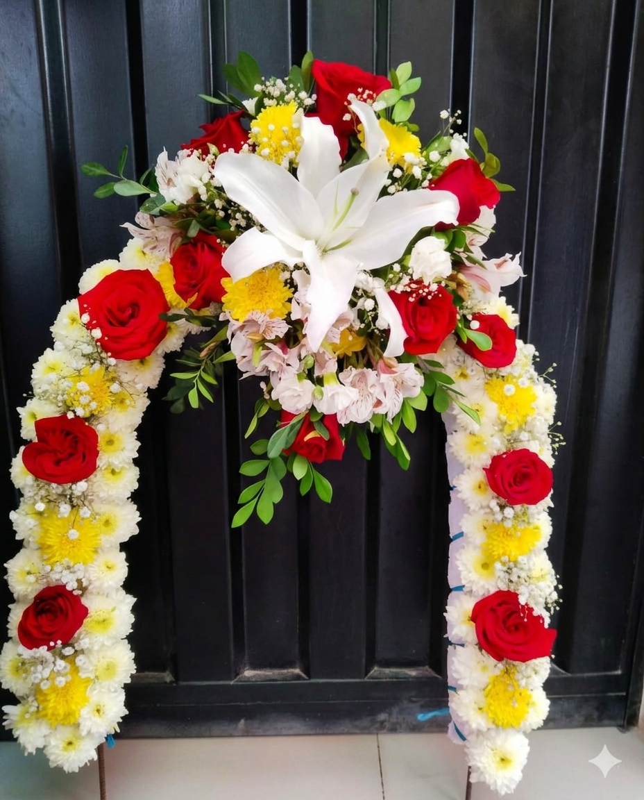 Majestuosa herradura floral compuesta por una base de pompones blancos y amarillos con rosas rojas, coronada por un gran lirio blanco central.