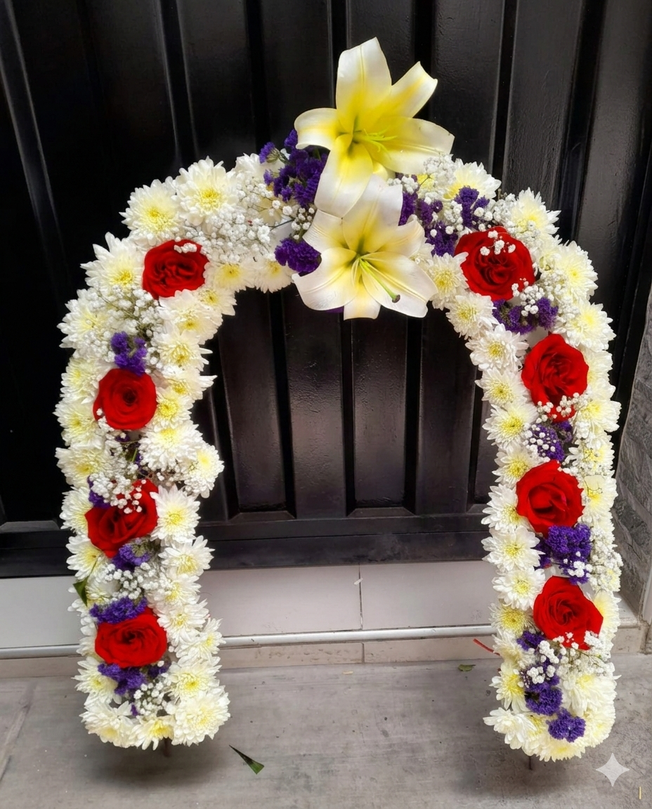 Elegante arco floral de pompones blancos y rosas rojas profundas, rematado con majestuosos lirios amarillos y toques de estatice morado.