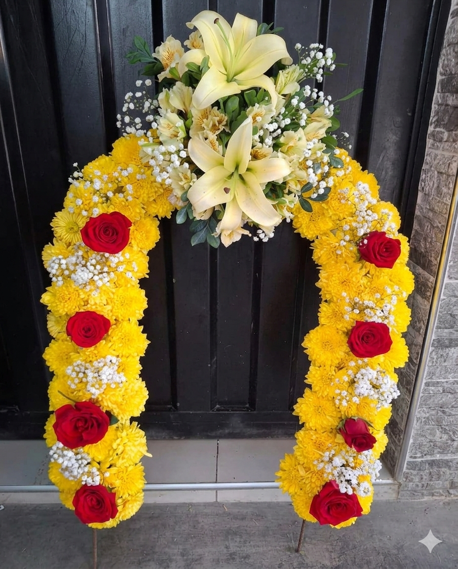Imponente herradura floral con una base densa de crisantemos amarillos y rosas rojas, coronada por elegantes lirios y alstroemerias.