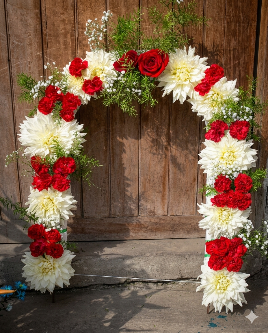 Arreglo floral en arco con majestuosas dalias blancas y rosas rojas vibrantes, acentuado con follaje verde silvestre.