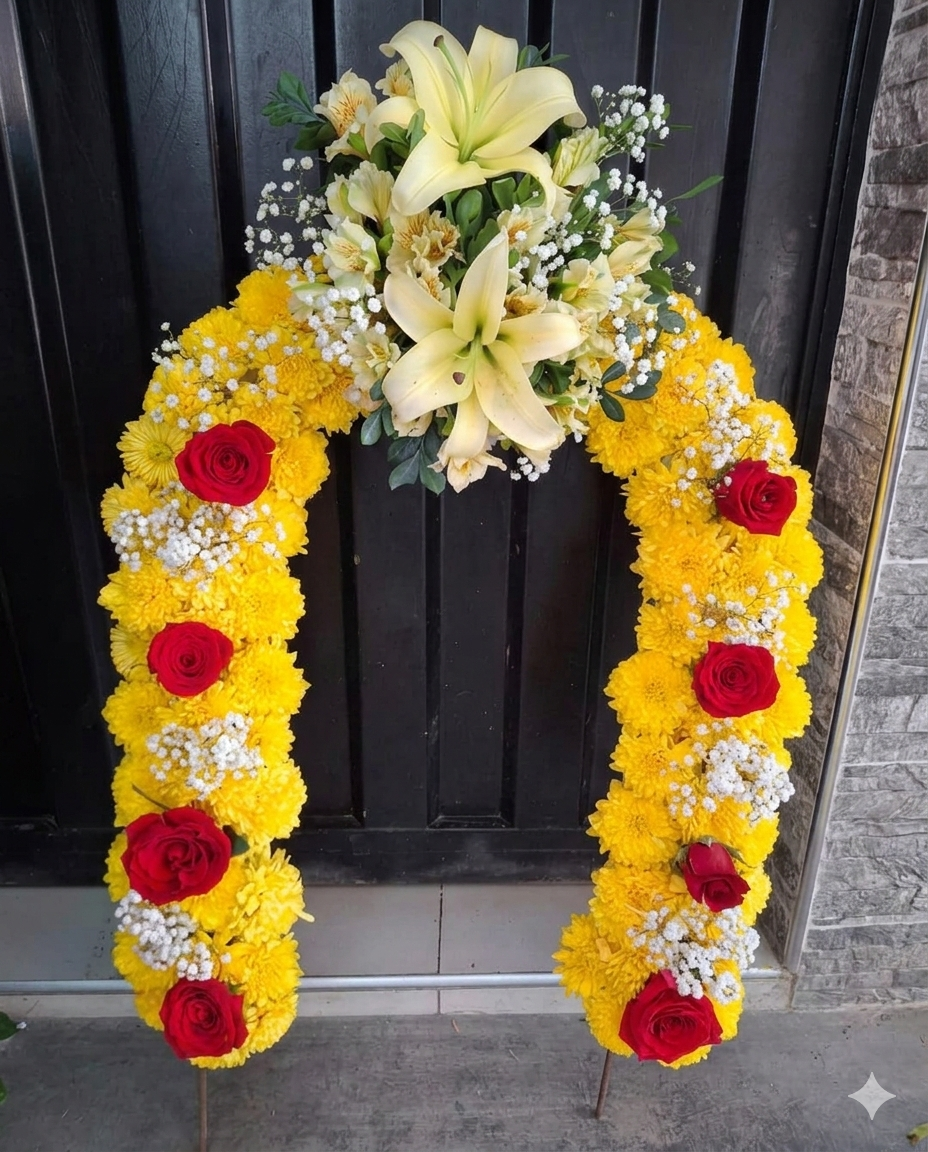 Arreglo floral tipo herradura con una base densa de crisantemos amarillos y rosas rojas, coronado con elegantes lirios amarillos.