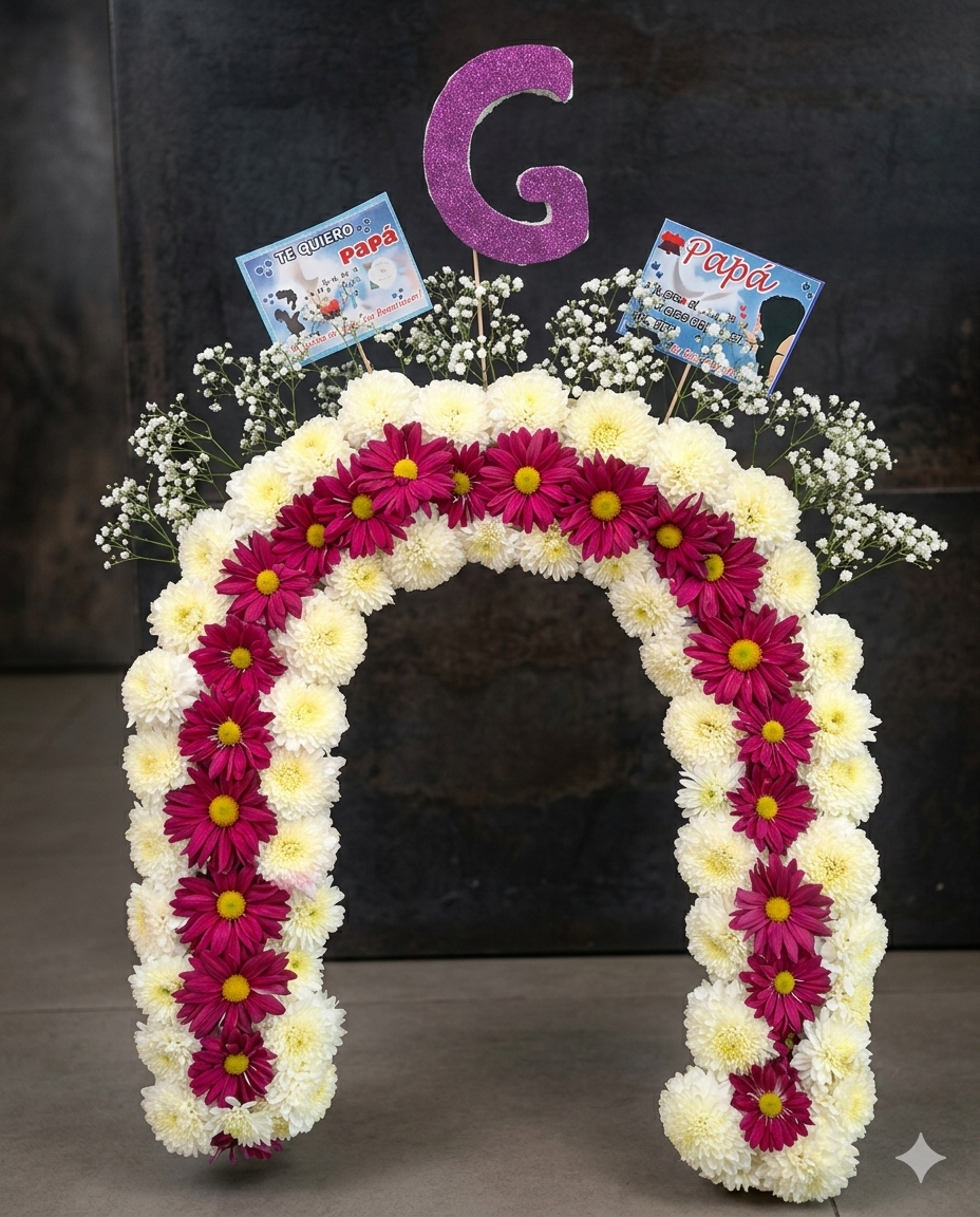 Arreglo floral en herradura con pompones blancos y margaritas fucsias, personalizado con una inicial brillante.