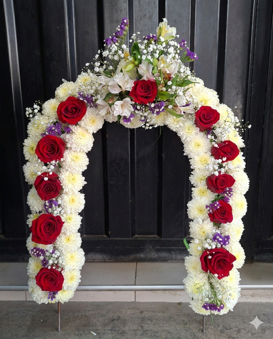 Elegante herradura floral compuesta por una base de pompones blancos y rosas rojas profundas, coronada con lirios y detalles silvestres.
