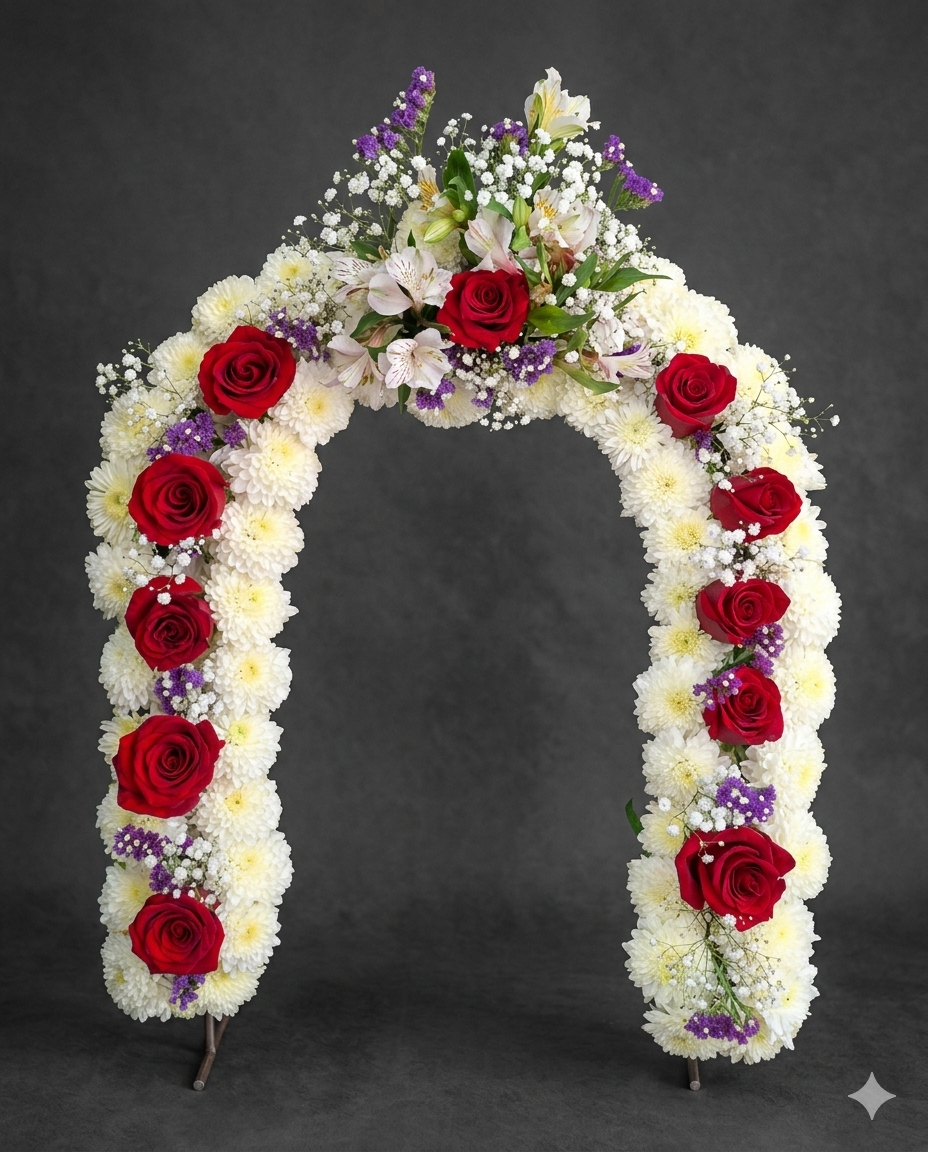 Sofisticado arco floral diseñado con una base compacta de pompones blancos y rosas rojas vibrantes, rematado con un ramillete de alstroemerias y flores silvestres.