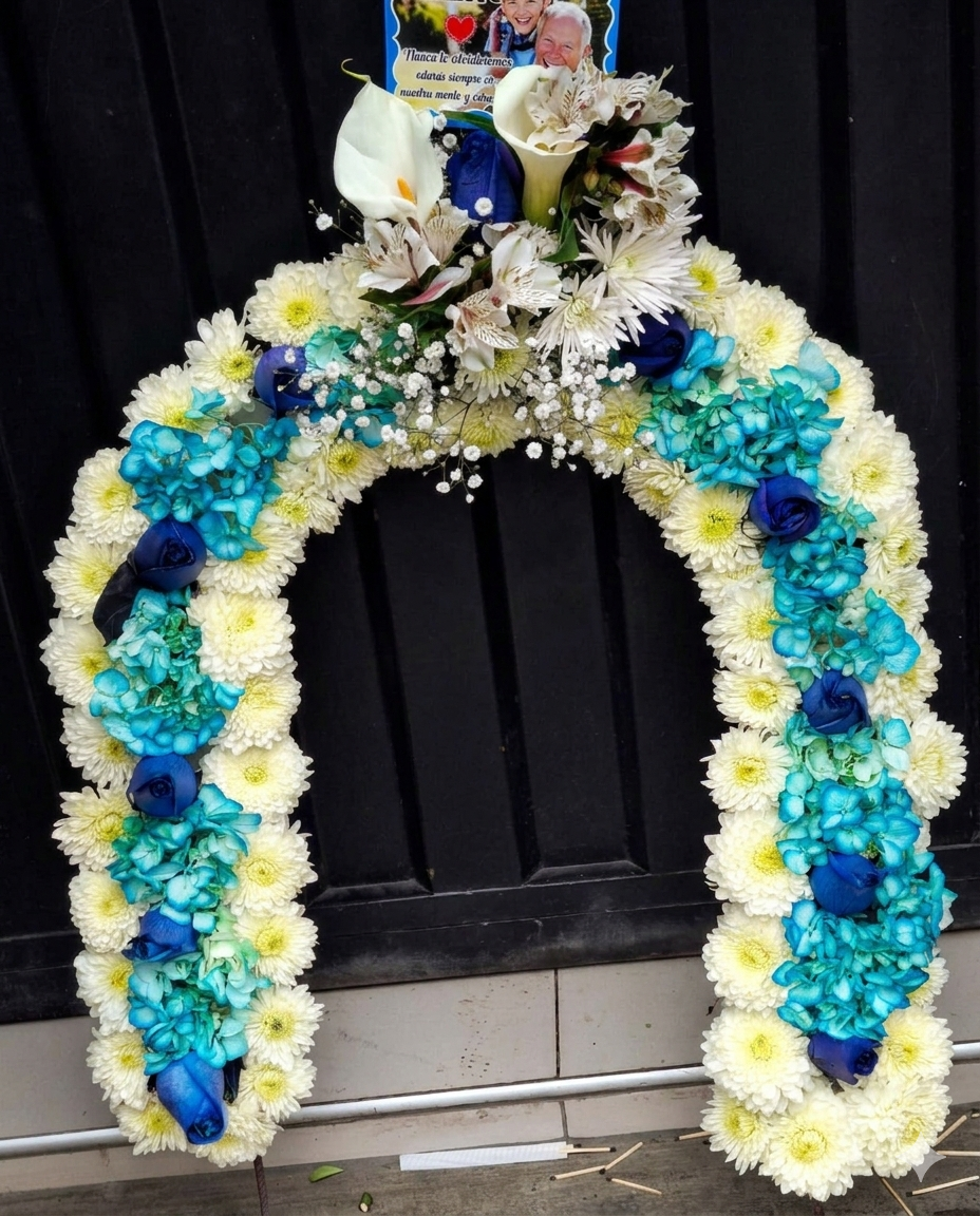 Exclusiva herradura floral diseñada con una base de pompones blancos y rosas en azul profundo, coronada con elegantes calas blancas.