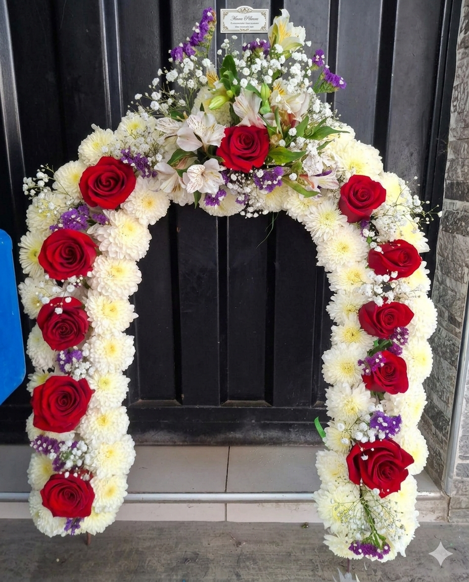 Elegante arco floral de pompones blancos y rosas rojas profundas, rematado con un ramillete central de alstroemerias y detalles morados.