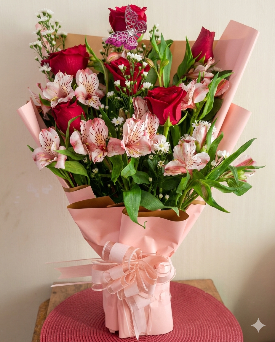 Elegante ramo de rosas rojas y alstroemerias rosadas, acentuado con delicadas flores blancas y una mariposa decorativa.