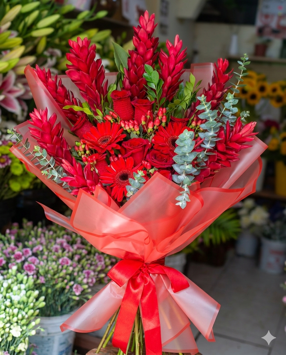 Impactante ramo tropical de ginger rojo, gerberas y rosas rojas, acentuado con eucalipto fresco. 