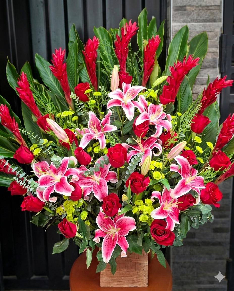Majestuoso arreglo de diseño alto con varas exóticas de ginger rojo, rosas de exportación y lirios stargazer en una base de madera artesanal. 