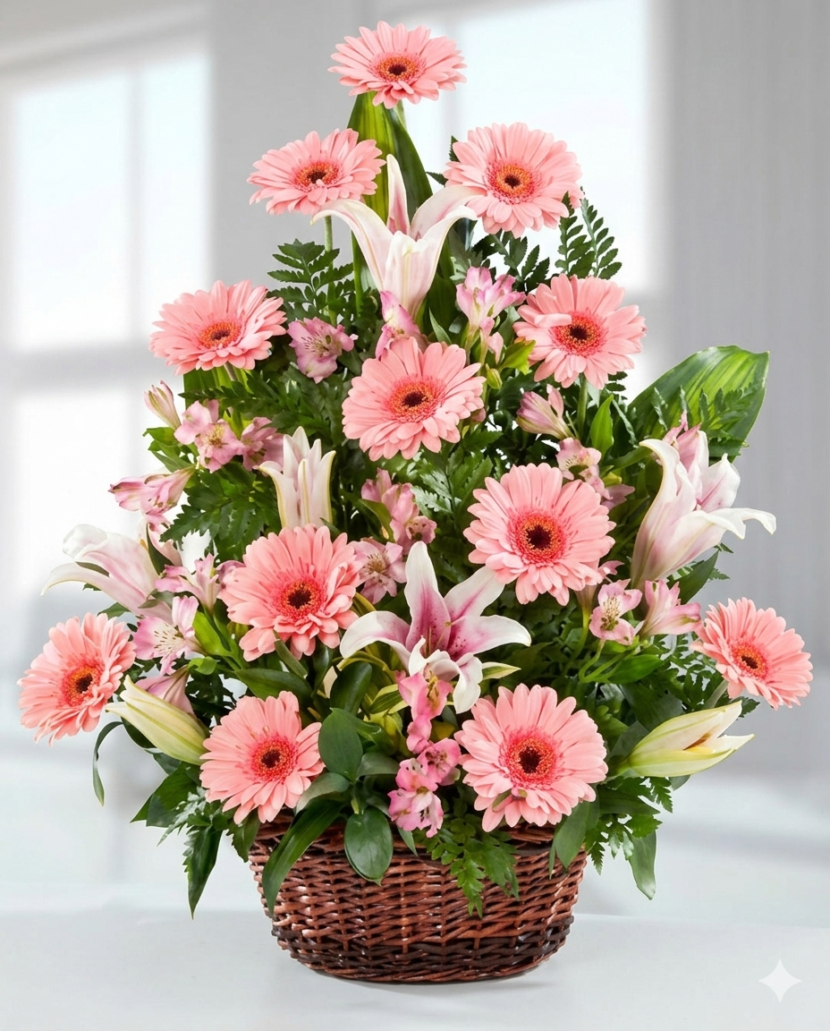Radiante arreglo piramidal en canasta de mimbre con abundantes gerberas rosa vibrante y lirios orientales. 