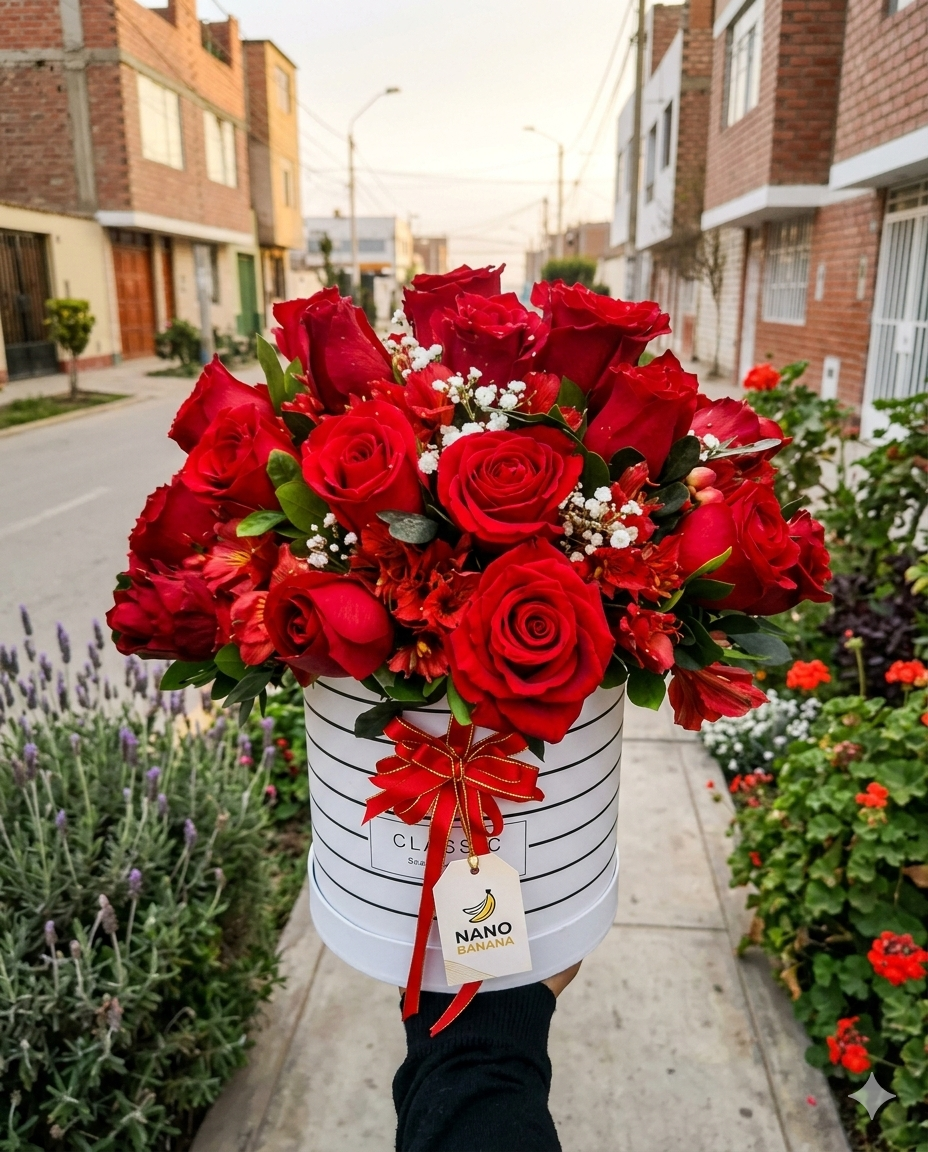 Exclusivo arreglo de rosas rojas premium y alstroemerias en una elegante hat box blanca con diseño lineal. 