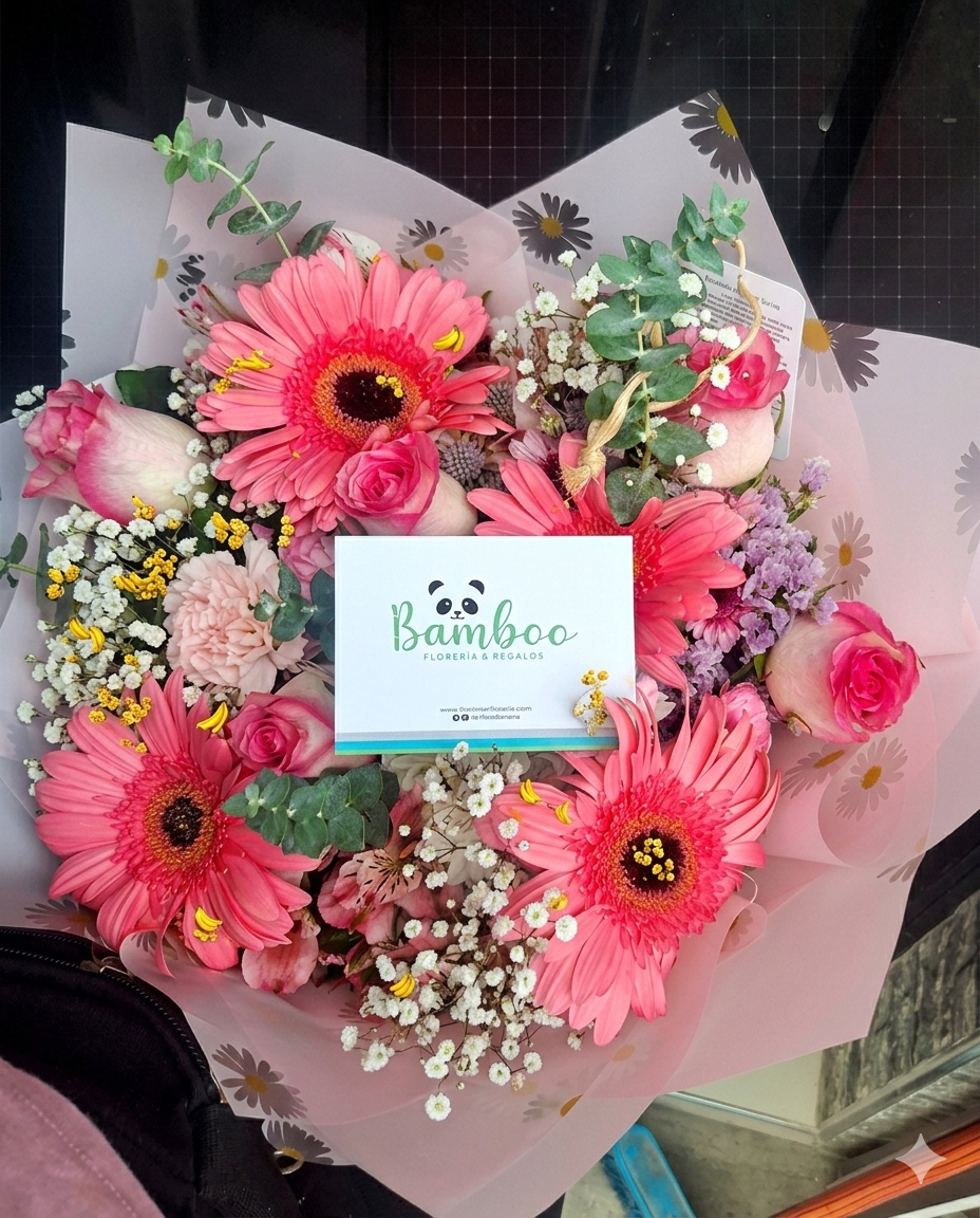 Alegre ramo primaveral de gerberas fucsias y rosas bicolores, adornado con eucalipto y delicada estática morada. 