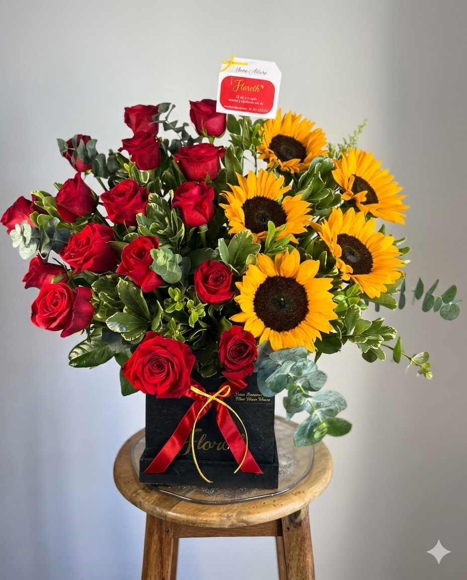 Radiante arreglo en flower box que combina la fuerza de los girasoles con la elegancia de las rosas rojas premium. 