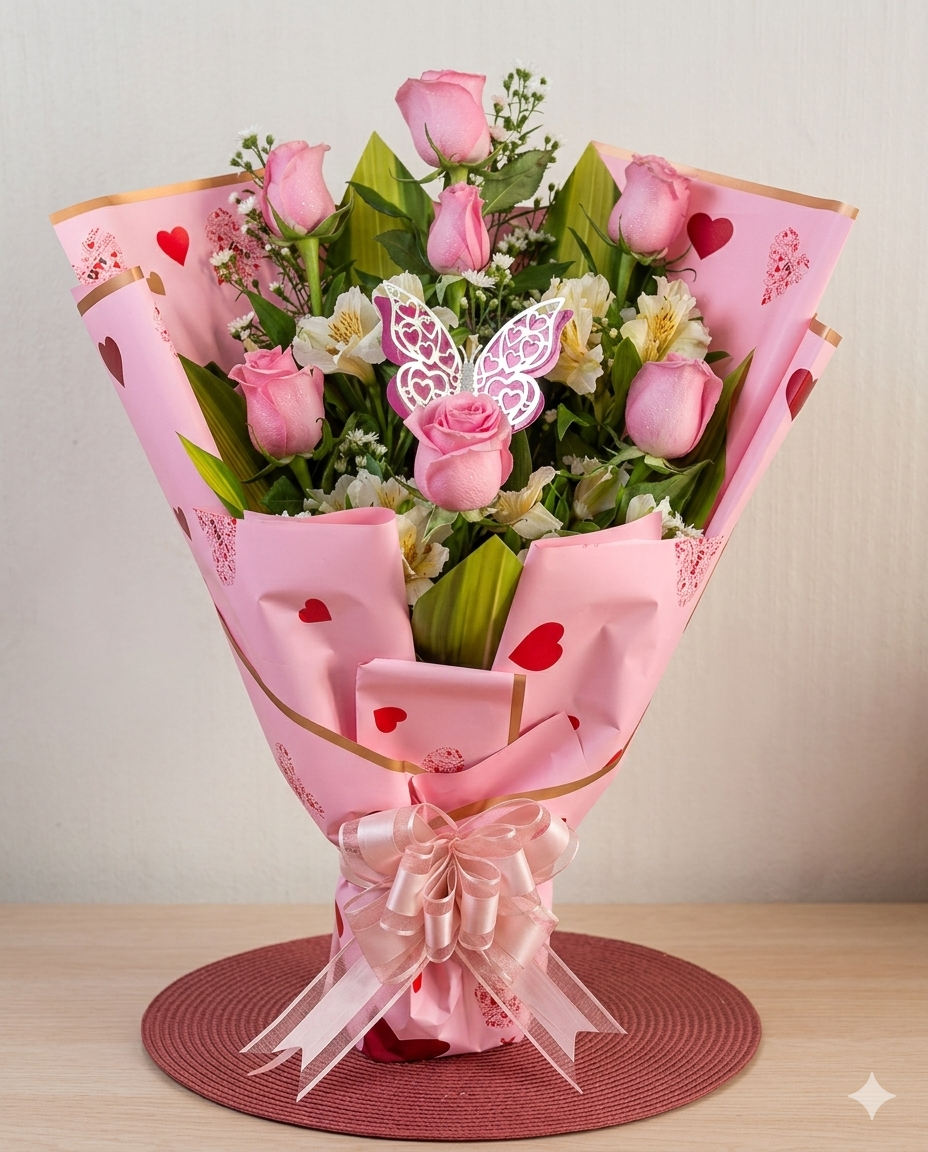 Delicado ramo de rosas rosa pastel y alstroemerias blancas, decorado con una mariposa plateada 