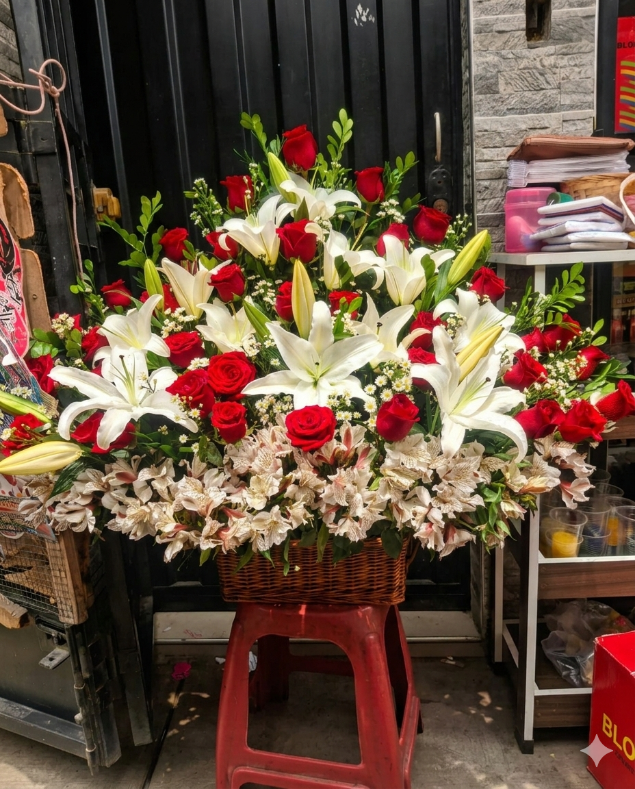 Espectacular arreglo premium en canasta de mimbre, compuesto por majestuosos lirios blancos, rosas rojas intensas y una base abundante de alstroemerias.