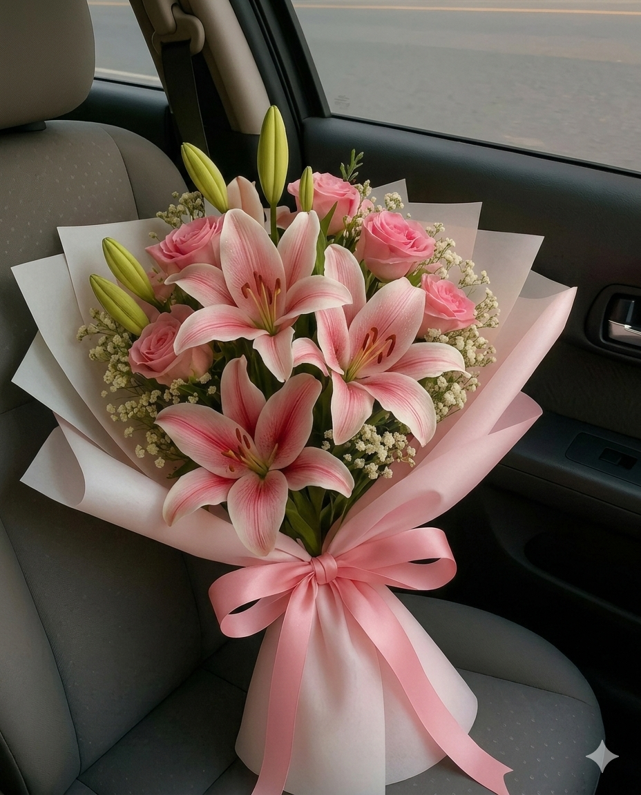 Ramo exquisito de lirios orientales y rosas en tonos rosa pastel, acentuado con delicada gypsophila blanca.