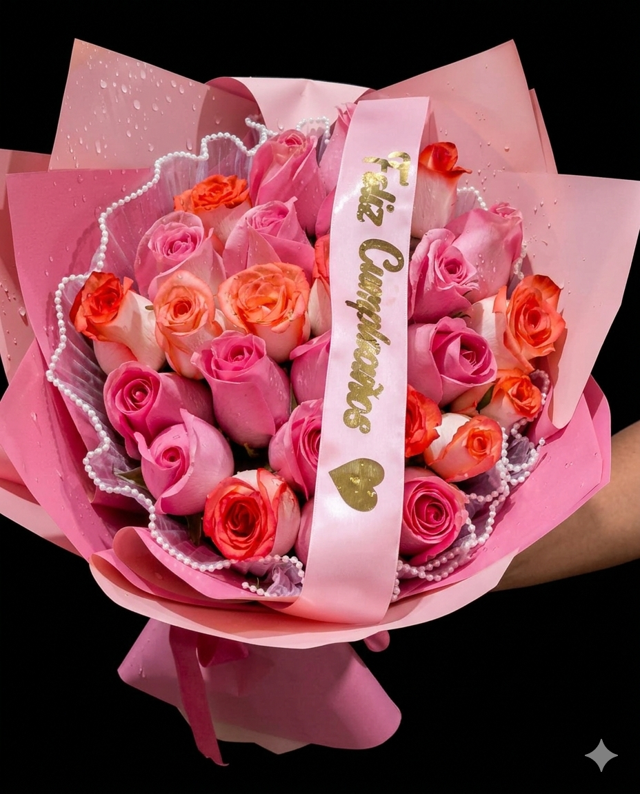 Espectacular ramo de rosas en tonos rosa y naranja intenso, decorado con una delicada hilera de perlas y una banda personalizada de "Feliz Cumpleaños". 