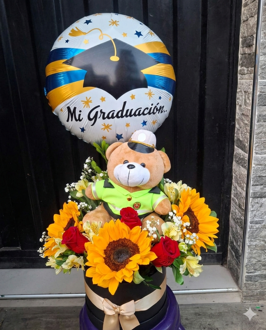 Arreglo premium de graduación con girasoles radiantes y rosas rojas, acompañado de un tierno oso de peluche y globo metalizado temático.