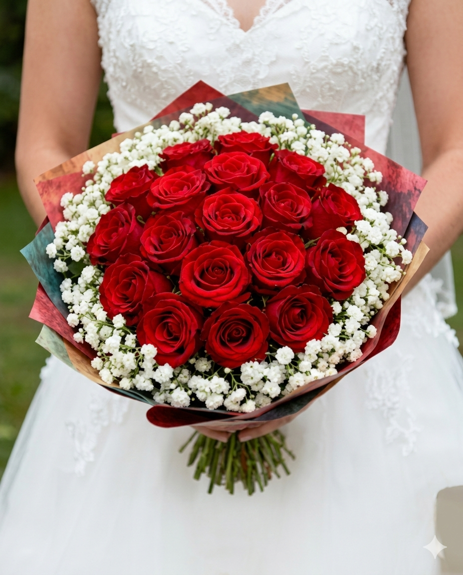 Clásico y apasionado ramo de rosas rojas de exportación, rodeado por una delicada aureola de gypsophila blanca.
