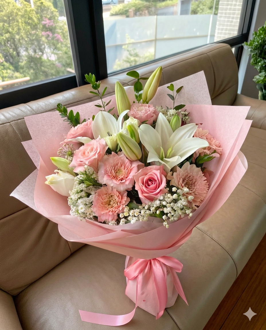 Encantador ramo de lirios blancos y rosas en tono rosa pastel, complementado con claveles y follaje fino. 