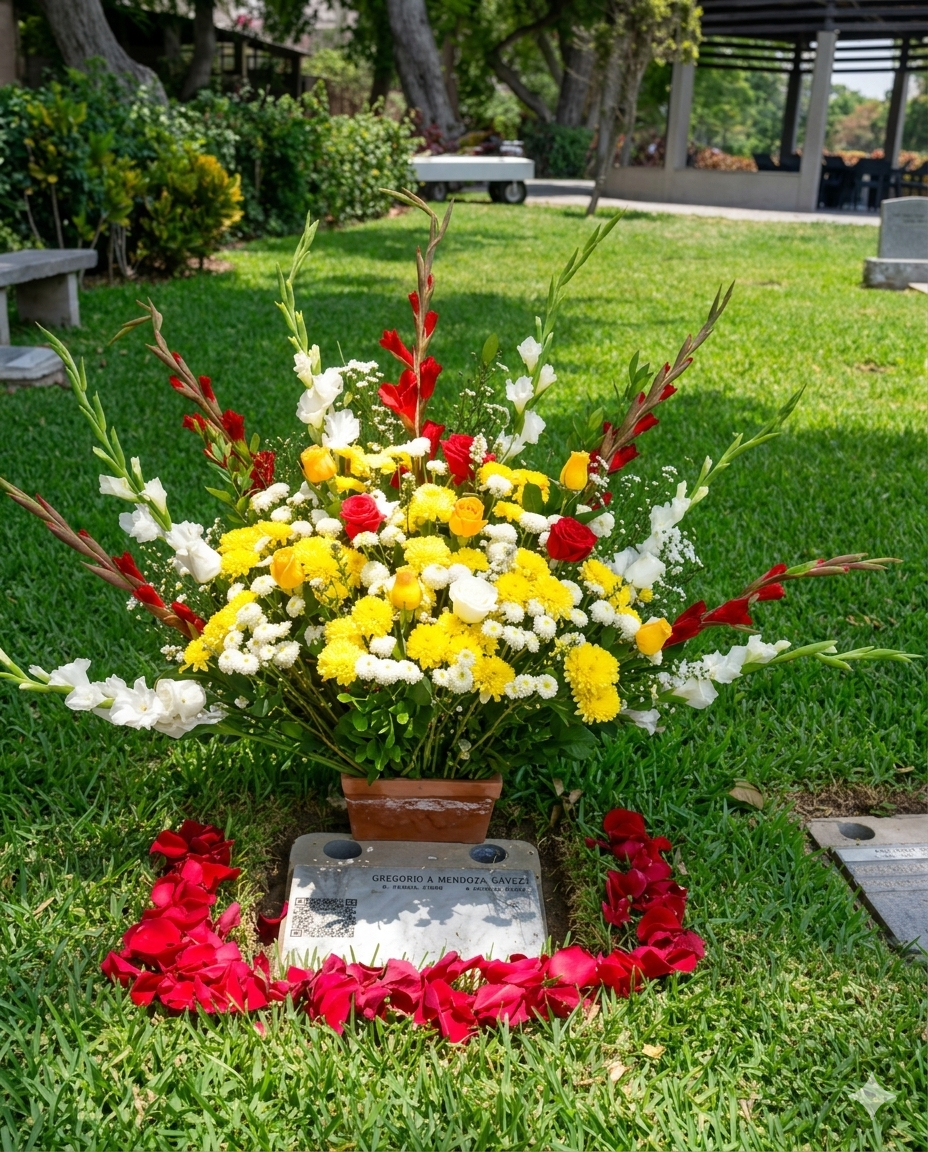 Elegante arreglo floral de gran altura compuesto por gladiolos, rosas y crisantemos en tonos vibrantes, diseñado especialmente para honrar y decorar lápidas en espacios exteriores.