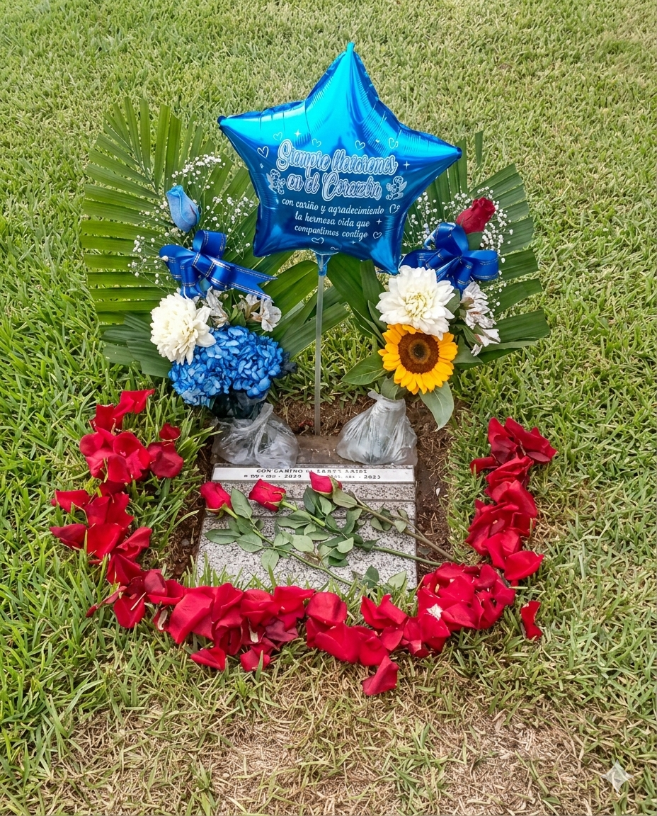 Tributo floral personalizado con girasoles, hortensias azules y un globo metalizado en forma de estrella, diseñado para ofrecer un homenaje vibrante y lleno de afecto.