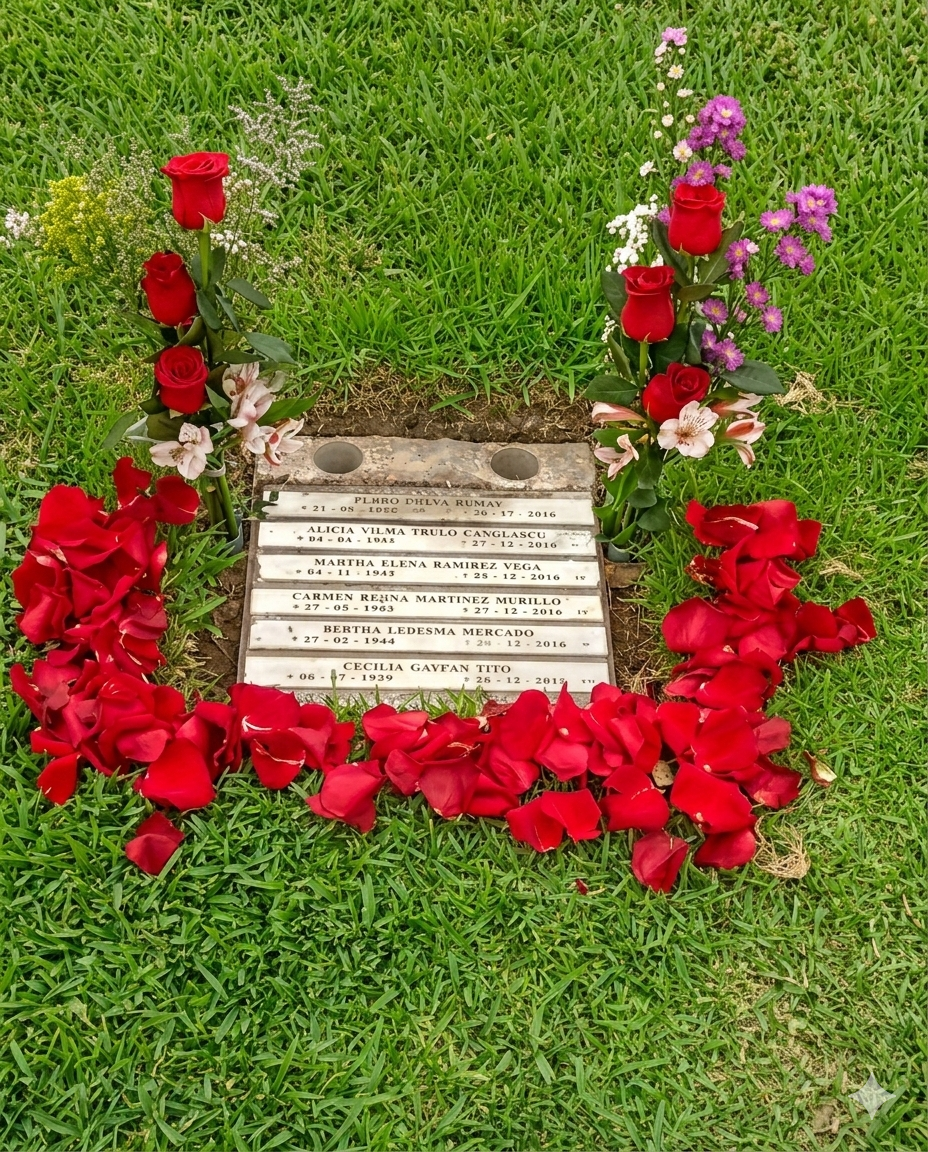 Sutil homenaje floral compuesto por columnas laterales de rosas rojas y alstroemerias, enmarcado por un vibrante lecho de pétalos de rosa sobre el césped.