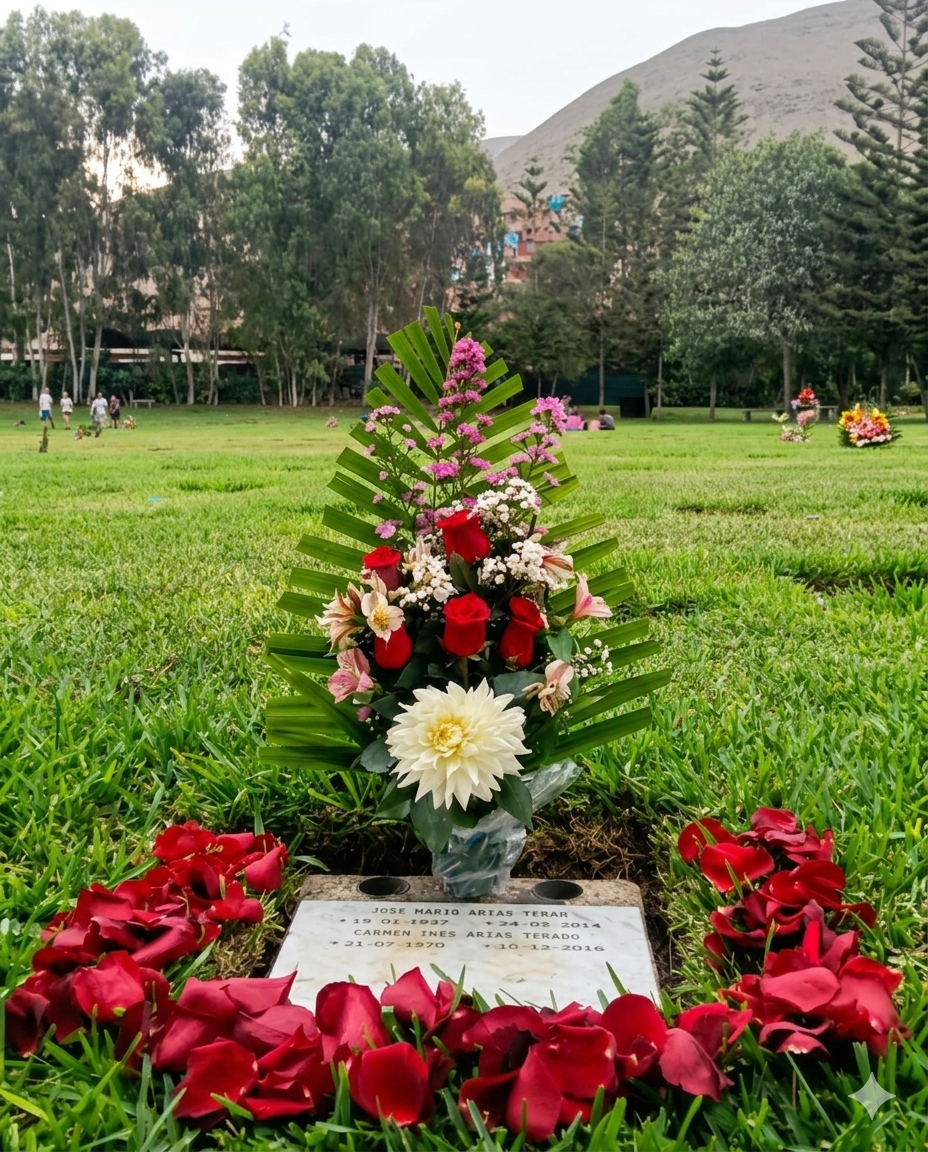 Arreglo floral estilizado con base de palma en punta, rosas rojas y una gran dalia central, enmarcado por un semicírculo de pétalos naturales.