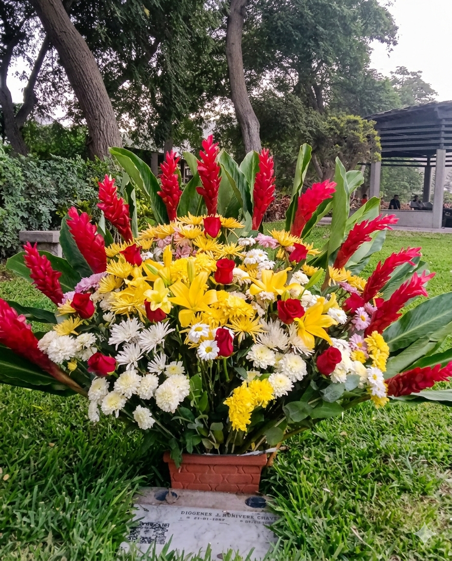 Imponente arreglo floral de gran volumen con heliconias rojas, lirios amarillos y crisantemos, diseñado para brindar una presencia majestuosa y colorida en espacios abiertos.