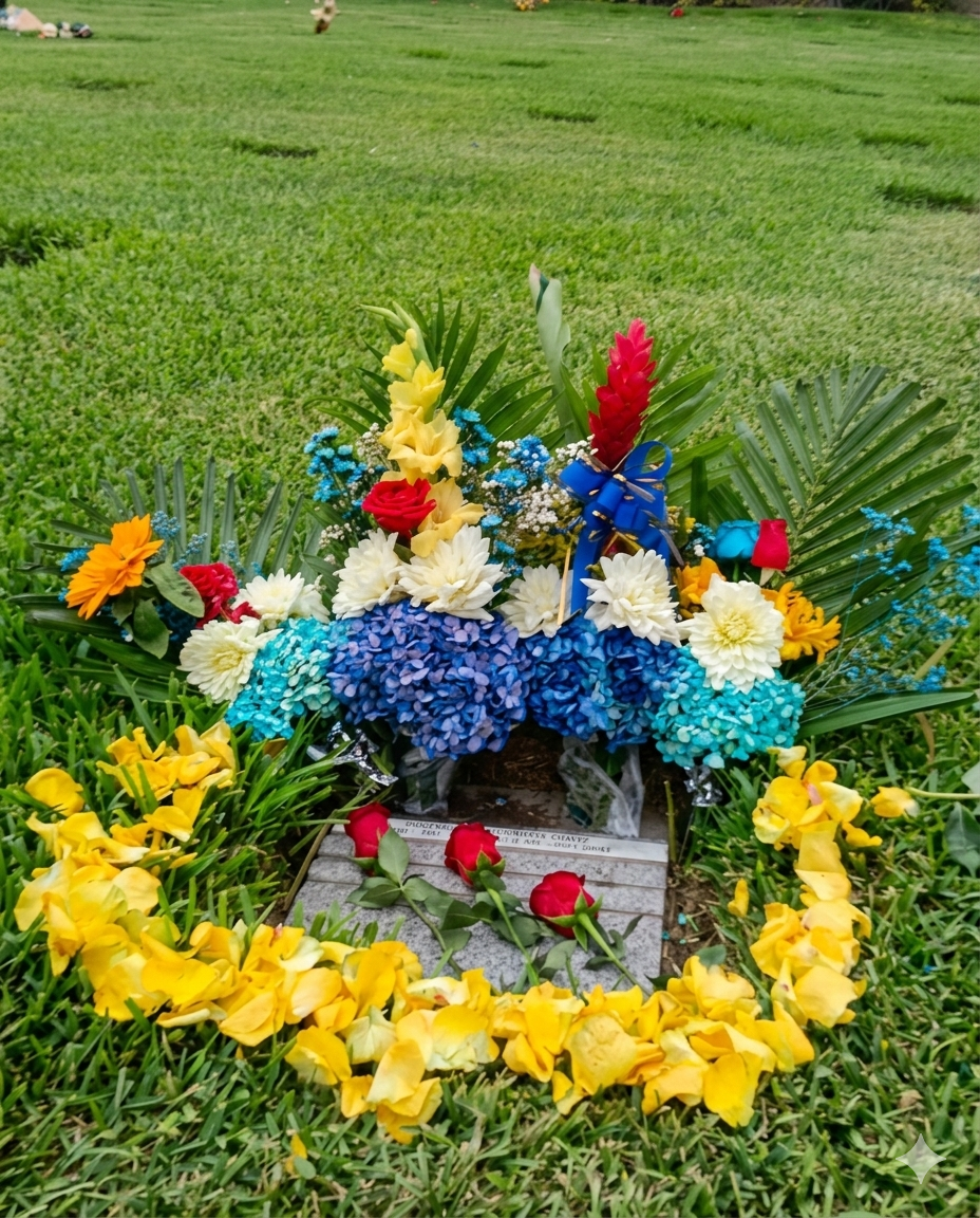 Vibrante tributo floral que combina hortensias azules, rosas y girasoles, complementado con un delicado marco circular de pétalos amarillos sobre el césped.