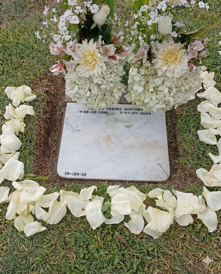 Elegante tributo monocromático compuesto por hortensias, dalias y rosas blancas, enmarcado con delicadeza por un sendero de pétalos naturales a juego.